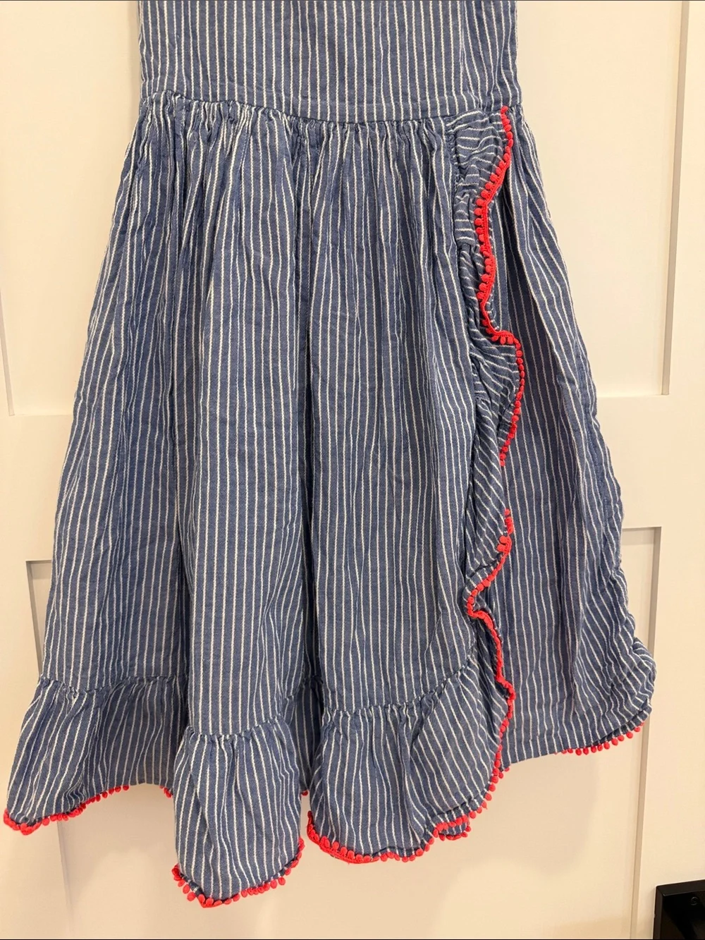 Mini Boden Blue and White Striped Sundress with Red Trim 7-8 Girls